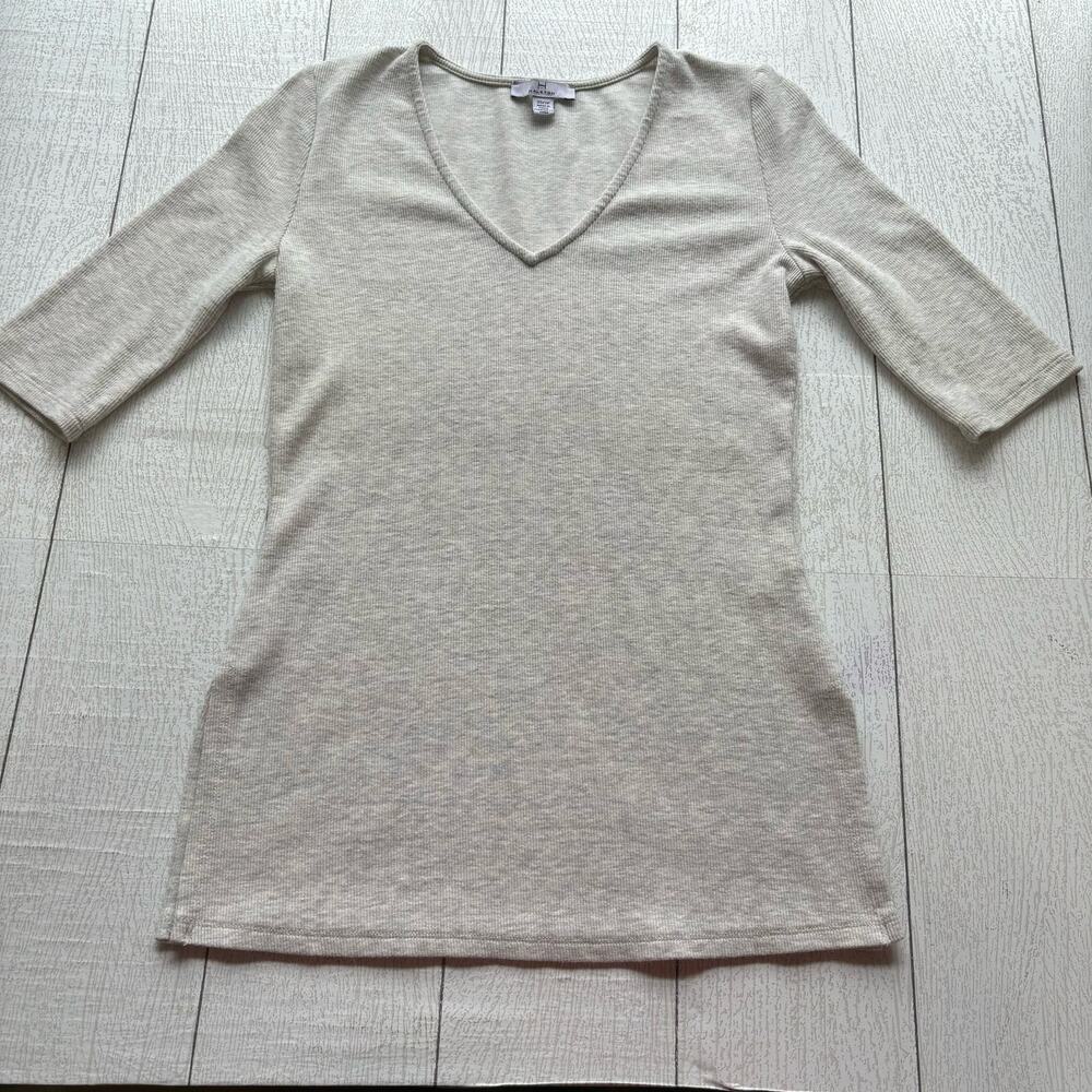 H Halston Marbled Gray V Neck Ribbed Shirt XS Stretch Top